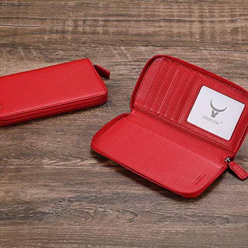Image of HISCOW Leather Checkbook Cover, Zippered Wallet, Pebbled Red | Full grain cowhide, 5cc & ID window, personal check book & register pockets, removable duplicate divider, women secure zipper