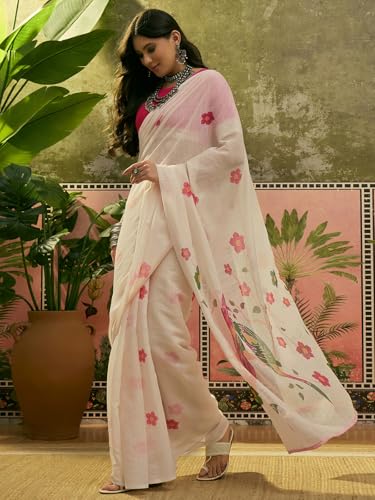 Image of SIRIL Women's Cotton Linen Printed Zari Border Saree with Unstitched Blouse Piece
