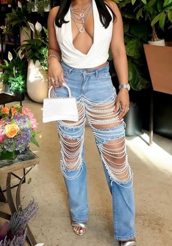 Vaceky Pearl Ripped Jeans Womens High Waist Stretchy Straight Leg Y2K Western Denim Pant4