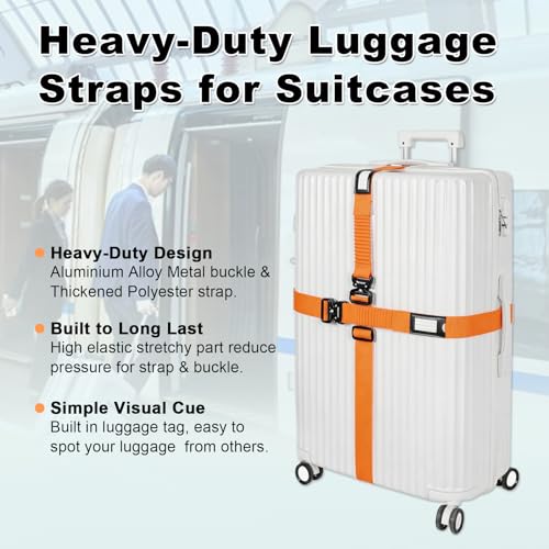 Image of Vigorport Luggage Straps for Suitcases 2 Pack, Heavy Duty Metal Buckle Luggage Belt Strap, TSA Approved Suitcase Belt, Stretchable Travel Strap for Luggage (Orange, 72″ L & 79″ L)
