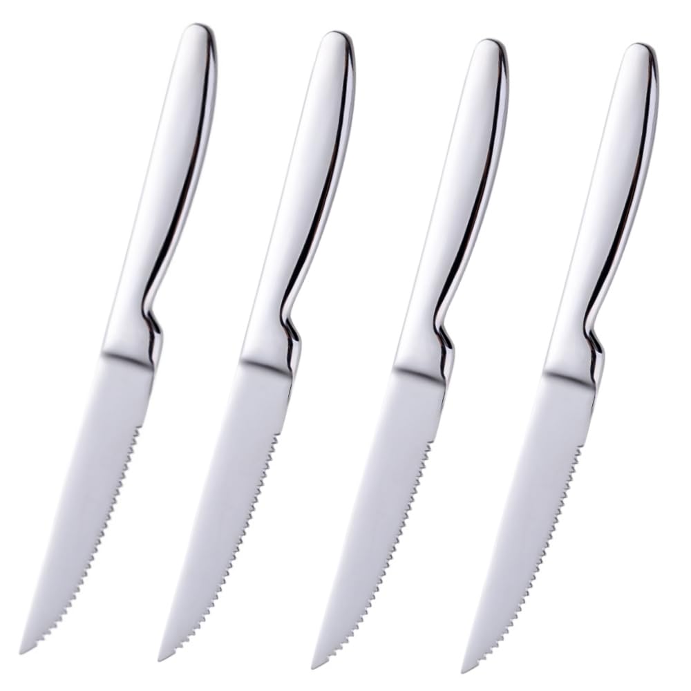 Buyer Star Steakmesser Set，4 Stück gezahntes Hochleistungs Edelstahl Tischmesser，Einteiliger Griff, Schnitte Steak und Huhn，Brote,Wellenschliff 22 cm / 8.66 Inches (Silber)