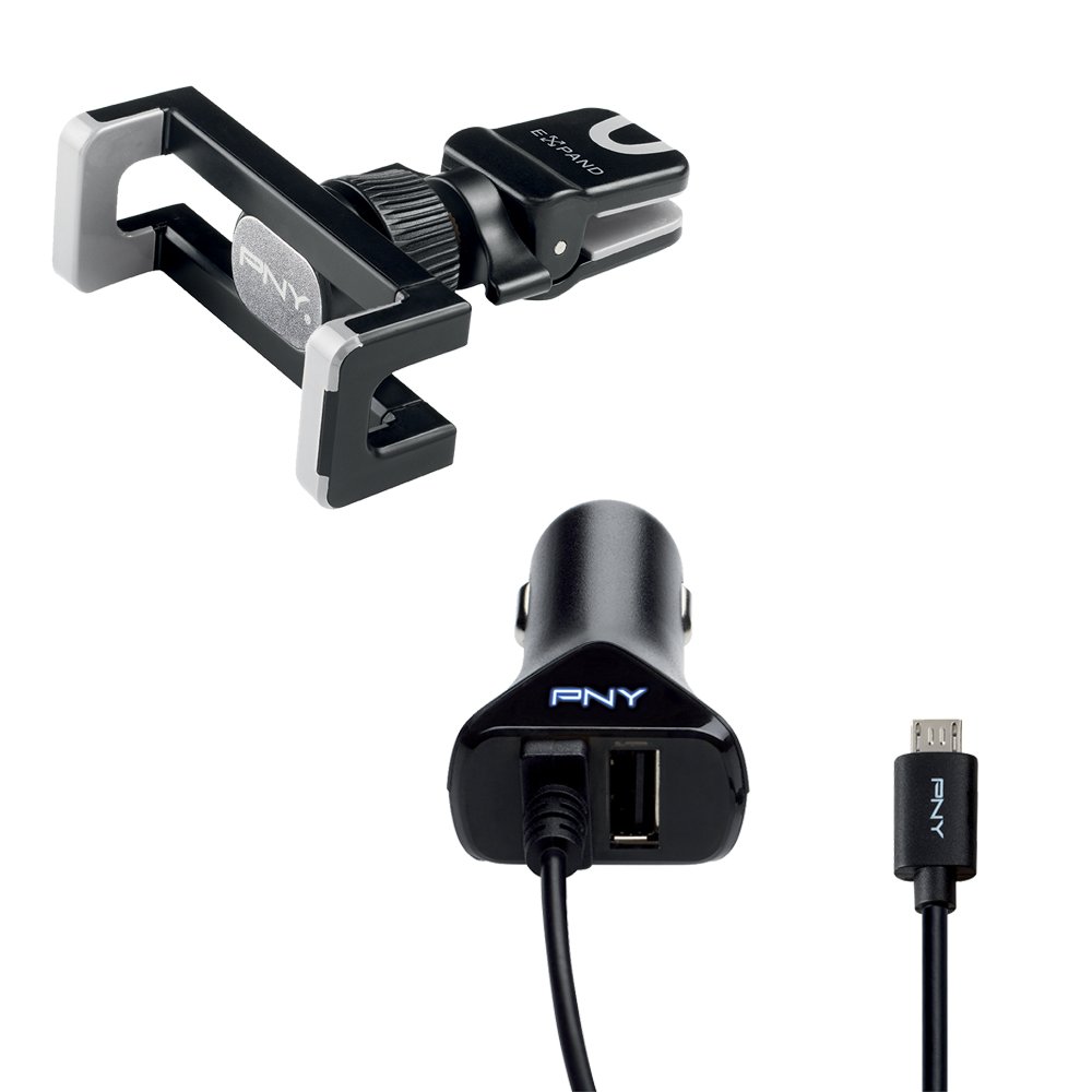 PNY The Road Kit Supporto da Auto Espandibile per Smartphone e Caricabatteria da Auto Micro USB