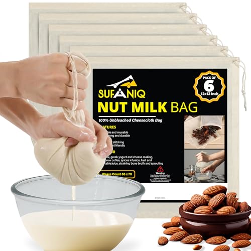 SUFANIQ Sacchetti per latte di noci, 6 sacchetti (30,5 x 30,5 cm), 100% cotone non sbiancato, per scolare, sacchetti per latte di noci di alta qualità, riutilizzabili, per mandorle, soia, latte