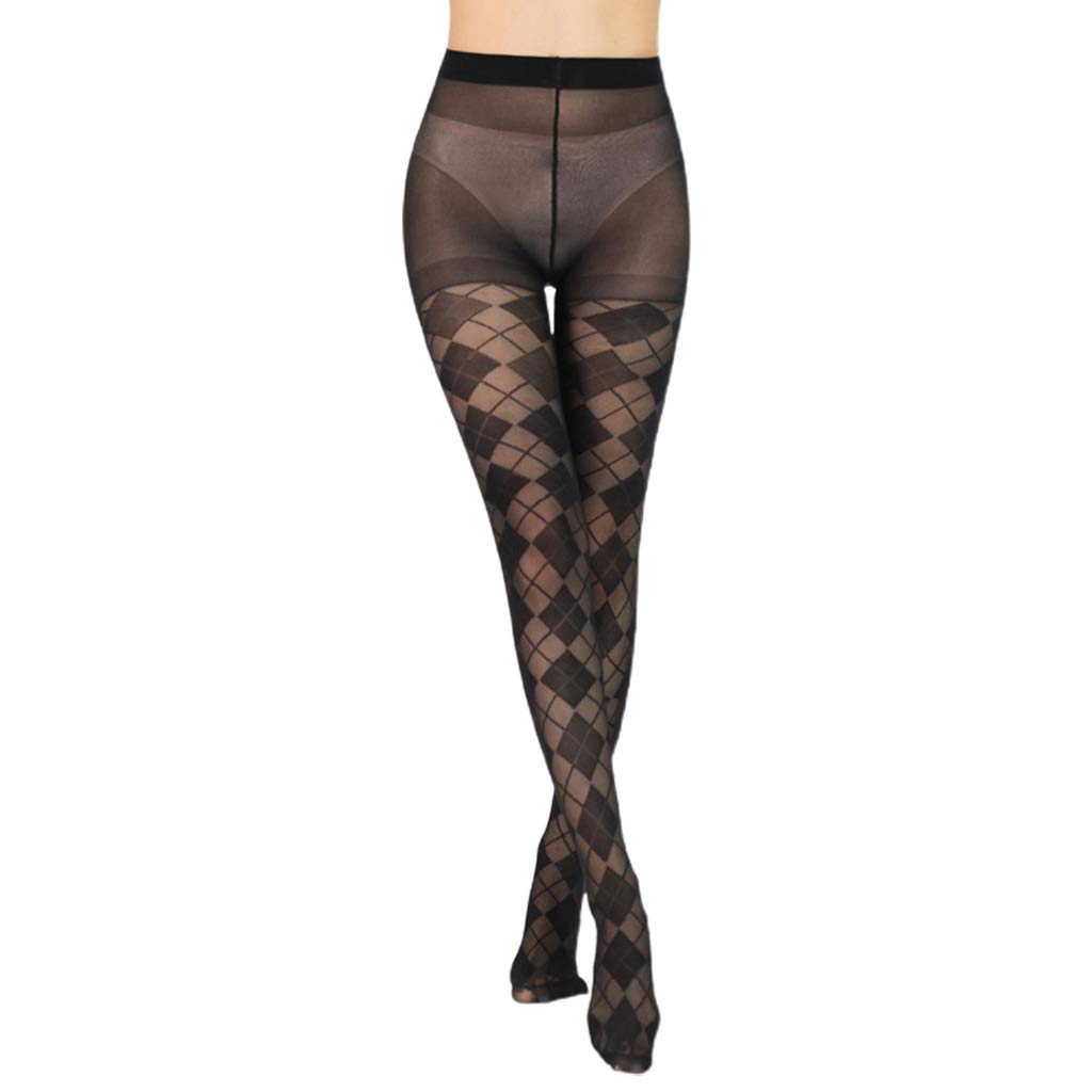 Ixkbiced Women's Black Ultra Thin Silky Pantyhose Argyle Plaid Jacquard Sexy Sheer Tights Hosiery