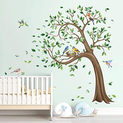 decalmile Large Green Tree Wall Stickers Flying Leaves Birds Wall Decals Bedroom Living Room Sofa TV Background Wall Decor (H:160CM) - Image 3