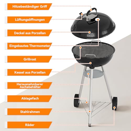 Foto von Aoxun Holzkohlegrill, 47 cm Kugelgrill mit Thermometer und regulierbarer Luftzufuhr, kratzfeste, emaillierte Grillschale, Ascheauffangbehälter, Rollen und Ablage, für Garten, und Outdoor, schwarz
