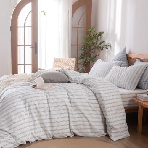 Image of BESTOUCH Striped Cotton Duvet Cover Set Linen Feel Super King Plus | 100% Washed Cotton, Soft Wrinkle Texture, Hidden Zipper, 8 Ties, Breathable Lightweight Durable Comfy, 3 Pcs No Insert
