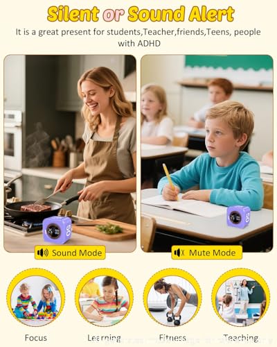 Image of Digital Pomodoro Timer Cube 5 /10 /25 /50min, Visual Productivity Flip Timer for Kids Classroom Desk, Custom Countdown, Silent and Sound Mode for ADHD Study Work Game Kitchen (Purple)