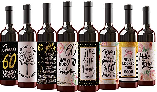 Product Image of the 60th Birthday Wine Bottle Labels Stickers, Funny Present for Adult, Women and Men, Friend, Wife, Mom, Husband, 1961 Sixty Bday Milestone Gifts For Her or Him, Cheers to 60 Years - Set of 8