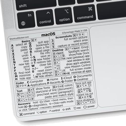 SYNERLOGIC Mac OS (Big Sur/Catalina/Mojave) Keyboard Shortcuts, Clear Vinyl Sticker, No-Residue Adhesive, Size 3.25â€Âx 3.25â€Â, Compatible with Any MacBook Air Pro with M1 or Intel CPU