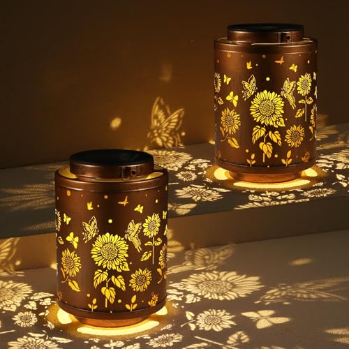 Image of 2 Pack Solar Outdoor Lanterns,Butterflies Garden Decor LED Light Hanging Waterproof Solar Metal Lanterm Gifts for Women Mon Grandma Sunflower Solar Lights Outdoor Decoration