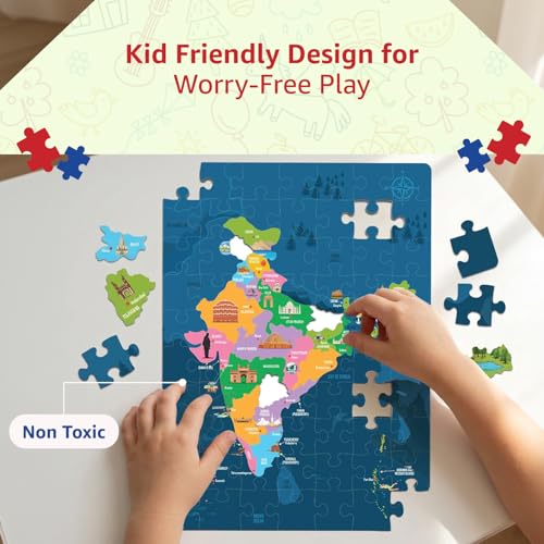 Image of Amazon Brand - Jam & Honey India Map Puzzle & Learning Kit | 6+ Years | 84 Pieces | 100 Flash Cards | 40 Stickers