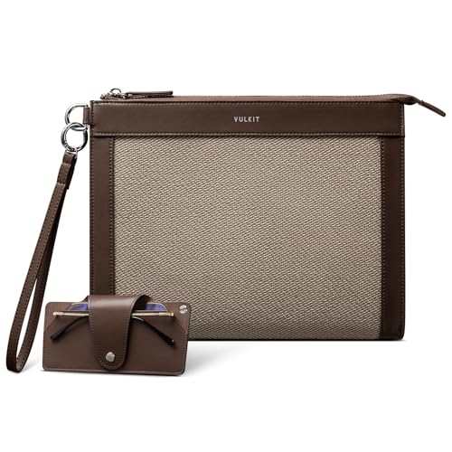 VULKIT Clutch Bag for Men with Removable Glasses Case, Large Mens Wrist Band Wallet, Business Hand Bag, Mocha Beige