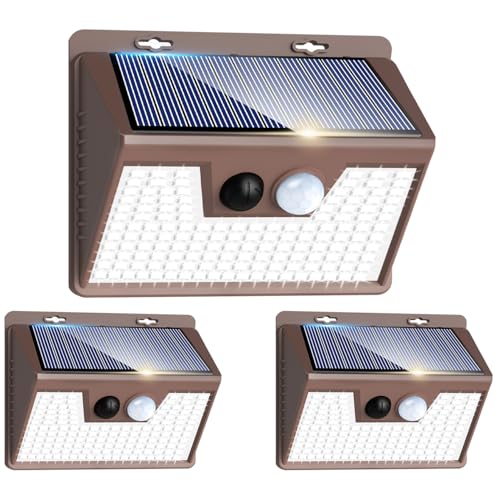 Image of Peasur Solar Lights Outdoor Motion Sensor [3 Pack /140LED /Brown], Ultra-Bright 3 Mode Fence Security Light Waterproof, Solar Wall Lighting for Patio Yard Step House Outside