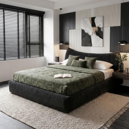 Image of Homkdom Cloud Bed Frame with Thick Headboard,Upholstered Soft Queen Bed Frame with Anti-Collision Soft Rounded Corners,Boucle Bed Frame Queen Size for Apartments, Guest Rooms,Black