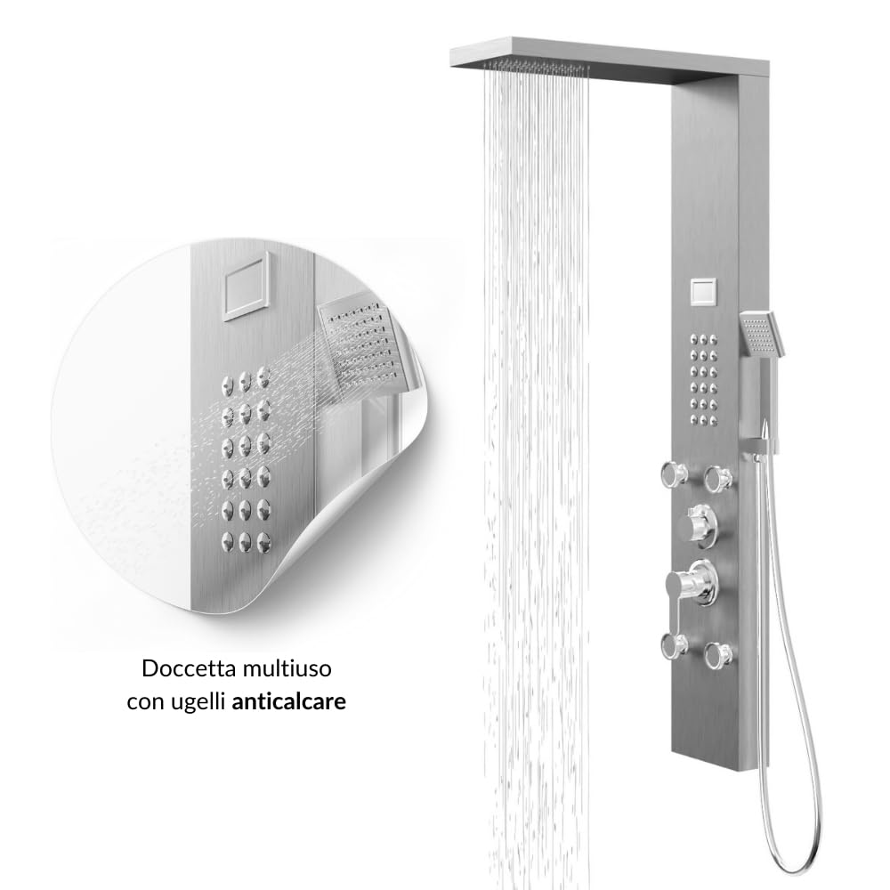 Colonna Pannello Doccia Chester-1 Cromo Spazzolata Acciaio 4 Funzioni Display Temperatura 4 getti lombari frontali 24 micro-ugelli Soffione Anticalcare