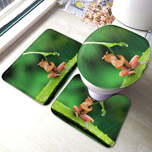 DIRYKILP Frosch mit Blatt Regenschirm 3 Stück Badvorleger Set Badematte + Konturmatte + Toilettendeckelbezug mit rutschfester Klebeunterseite