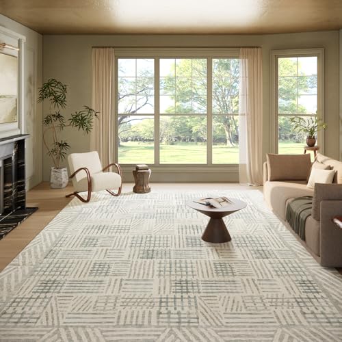 Image of Area Rug 9x12 Abstract Geometric Textured Brushstroke - Neutral Gray & Light Blue Modern Minimalist Area Rug, Decorative Carpet for Living Room Bedroom Home Decor