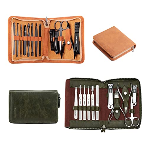 FAMILIFE Manicure Set, Professional Manicure Kit Nail Clippers Set 13pcs Stainless Steel and 11 in 1 Stainless Steel Mens Manicure Kit Leather Pedicure Tools Kit Grooming Kit with Travel Case Box