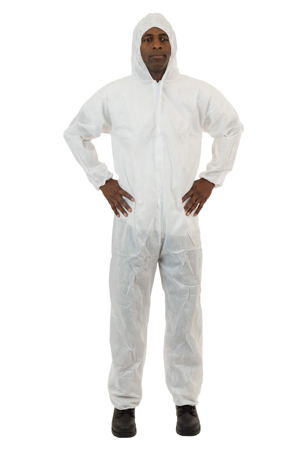 Standard Weight 3 Layer SMS General Protective Coverall for General Cleanup (White) Attached Hood and Elastic Wrist & Ankle, XL, (25 per case)