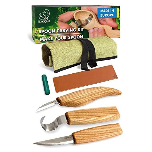 BeaverCraft S13 Wood Carving Tools Set for Spoon Carving 3 Knives in Tools Roll Leather Strop and Polishing Compound Hook Sloyd Detail Knife (Right-Handed Spoon Carving Knives)