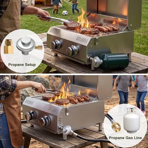 Image of Bestfire 2-Burner Tabletop Propane Gas Grill, Dual Connections, 20,000 BTU Stainless Steel Portable Grill, Fits Large Gas Cylinders /Small Canisters, for Camping, RV, Outdoor BBQ
