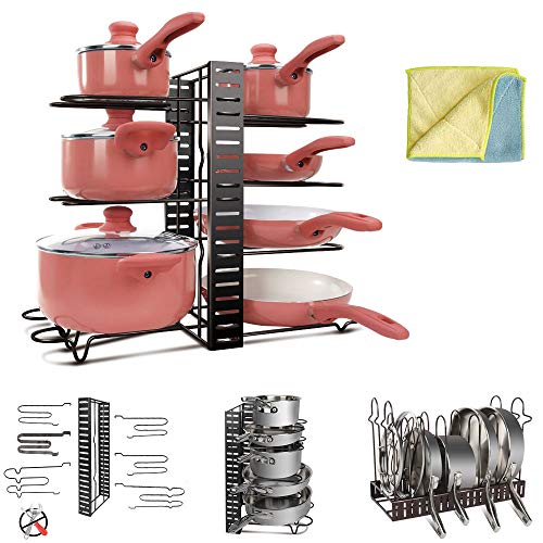 Masthome Organizador y Soporte para Ollas,Sartenes y Tapas Ajustable de 8 Estantes,con 1 Bayeta de Doble Cara