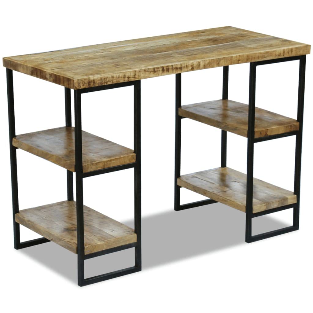 Scrivania industriale in legno di mango massiccio con struttura in acciaio, 110 x 50 x 76 cm, scrivania per computer con due scomparti per lato per libri e blocchi appunti