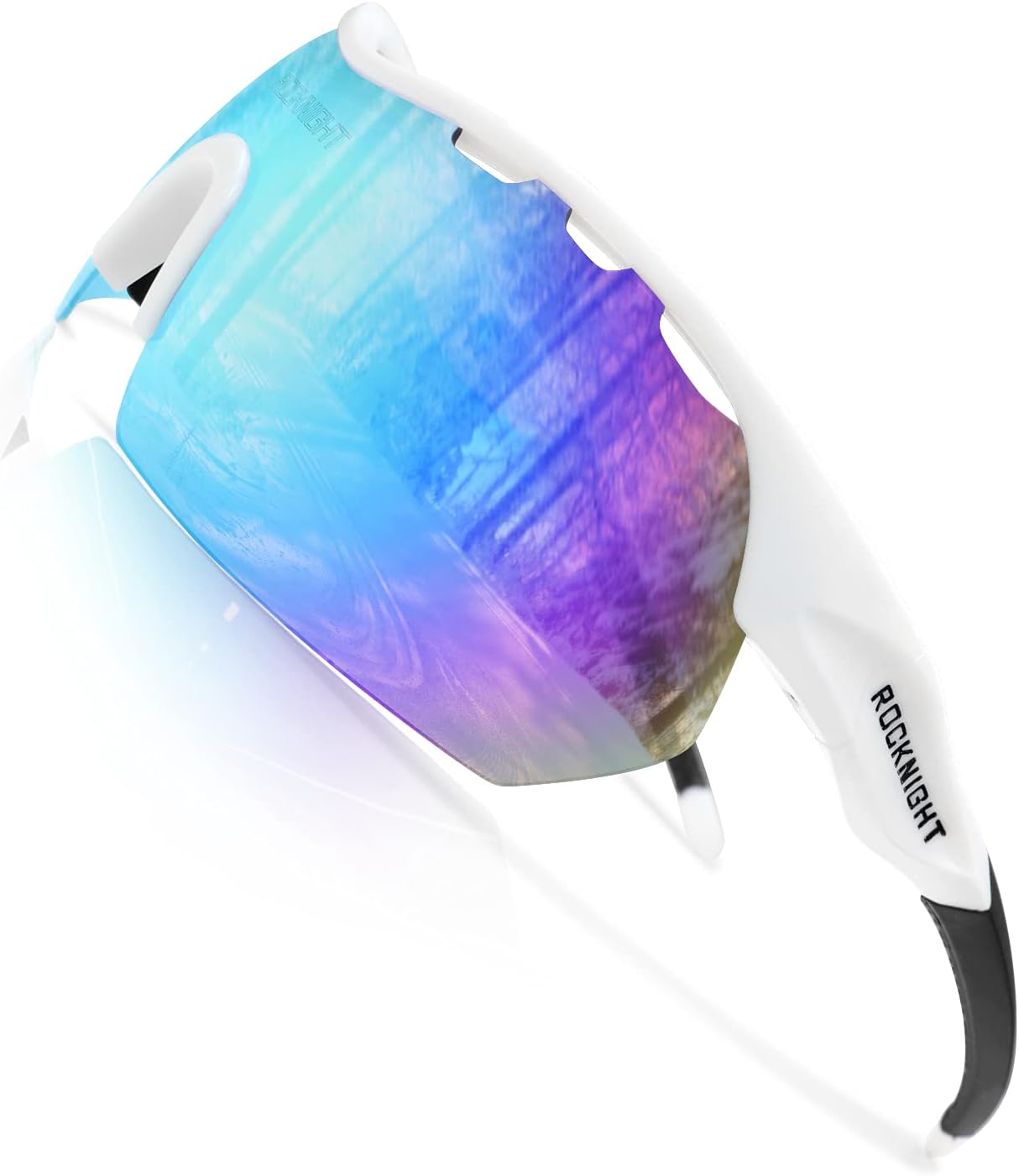 ROCKNIGHT HD Polarized Sports Sunglasses Cycling Driving Baseball Outdoor Ultralight TR90 Frame Big Lens (White Frame/Blue Revo Lens)