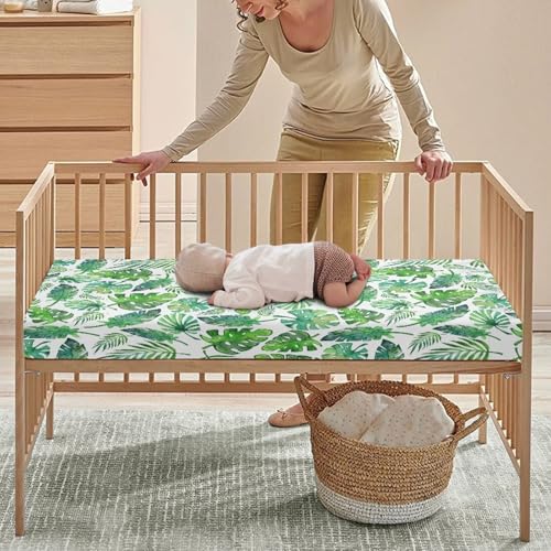 Image of Tropical Leaf Baby Crib Sheets for Boys Girls Green Leaves Fitted Crib Sheet for Standard Crib and Toddler Mattress Cute Plants Leaf Baby Mattress Sheets Toddler Bed Sheet 52x28x8 in