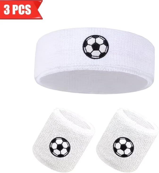 Sports Headband with Wristbands, White Soccer Pattern, High Elastic Sweatband for Basketball, Running & Fitness