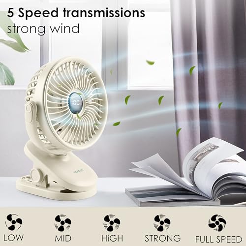 Image of Gesto High Speed Rechargeable Clip-On Table Fan with Digital Display - 360 Moving USB Charging Fan for Home,Kitchen,Baby Stroller | 2000mAh Battery,5 Speed Modes,Portable Battery Operated Fan