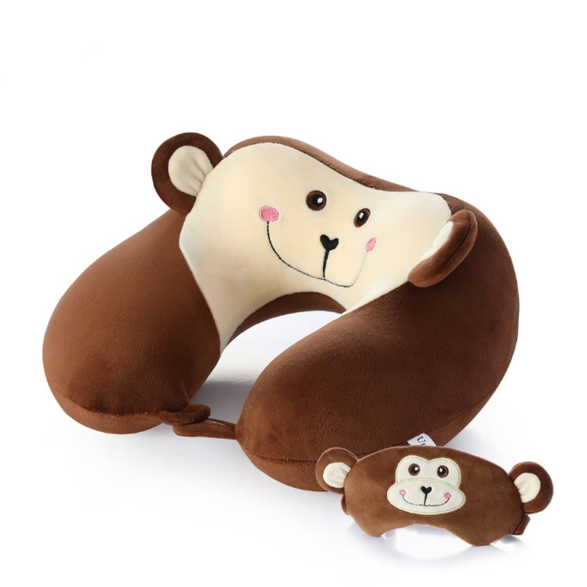 AOOPOO Travel Pillow Cartoon Animal Shape Memory Foam Plush Neck Pillow with Eye Mask Suitable for Office Airplane Car Home (Monkey)