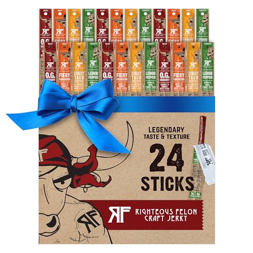 Righteous Felon Variety Meat Sticks | 100% Grass Fed Beef, Turkey & Pork | 210g Total Protein | Gluten-Free, Low Sugar, High Protein Snack Sticks | Individually Wrapped | Jerky Variety Pack, 24 Count