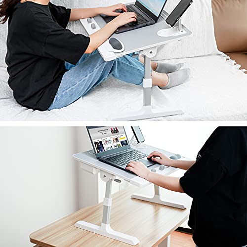 WOKA Laptop Desk for Bed, Height Adjustable Lap Desk with Drawer, Extra Large Foldable Laptop Bed Tray Table, Portable Leather Lapdesk with Stopper, Phone/Book Stand, Wrist Rest, for Home Working Grey
