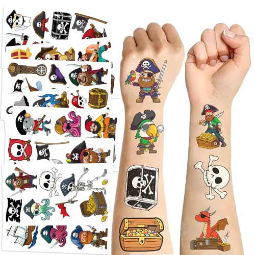 Tatouages Temporaires Pirate pour Enfants – 10 Feuilles Tatouages Pirate Respectueux de la Peau Fille Garçon, Anniversaire Enfant, Sachets Cadeaux Invités,...