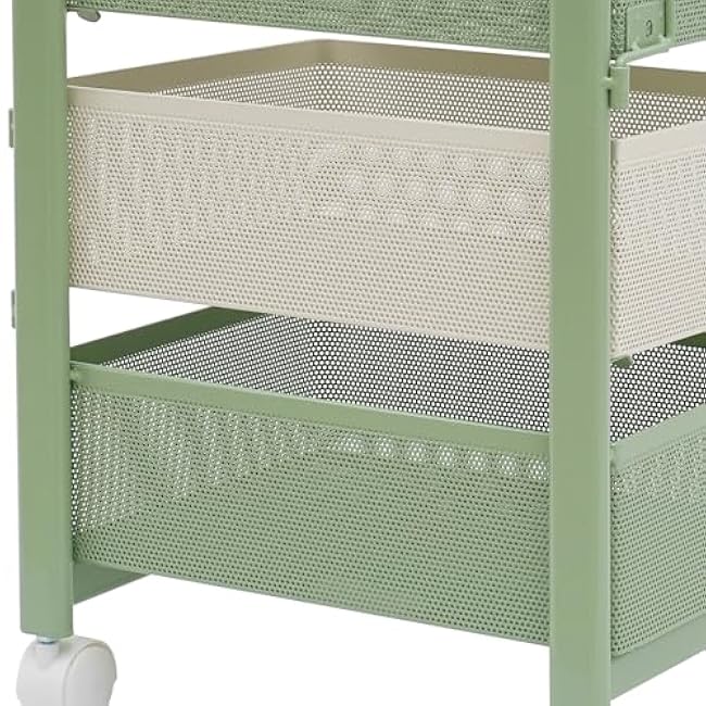 4 Tier Rotating Kitchen Storage Rack Cart with Wire Basket, Carbon Steel Fruit and Vegetable Baskets Bowls for Kitchen with Wheels & Top Lid, Rolling Storage Cart for Cans Snacks (Green)-FY7vWAWE