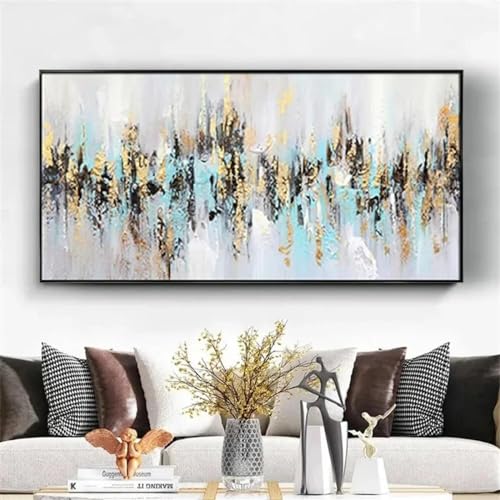 Peinture sur toile dorée et bleue BIEMBI pour décorer un grand mur nu