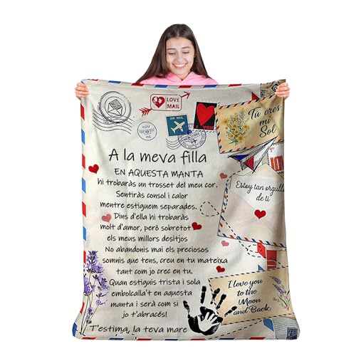 Zinello Design Manta para mi Hija en catalán – Carta de Madre o Padre – Regalo emotivo para Hija Adolescente – Cobertura Suave para cumpleaños y Navidad (Filla - Teva Mare, 130 x 150 cm)