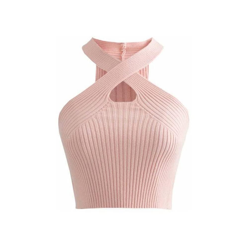 KOEMCY Crop Tops for Women Crisscross Halter Tank Tops for Women Sexy Summer Sleeveless Crop Tops Cropped Tank Tops (Pink)