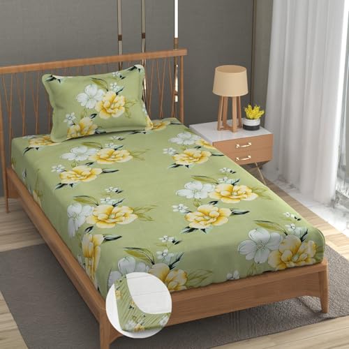 Image of Vram Premium Heavy Cotton Elastic Fitted Bedsheets with 1 King Size Pillow Covers || Single Bed with All Around Elastic 350 TC || 36 x 78 x 6 Inch Single Size Fitted || :- Light Green