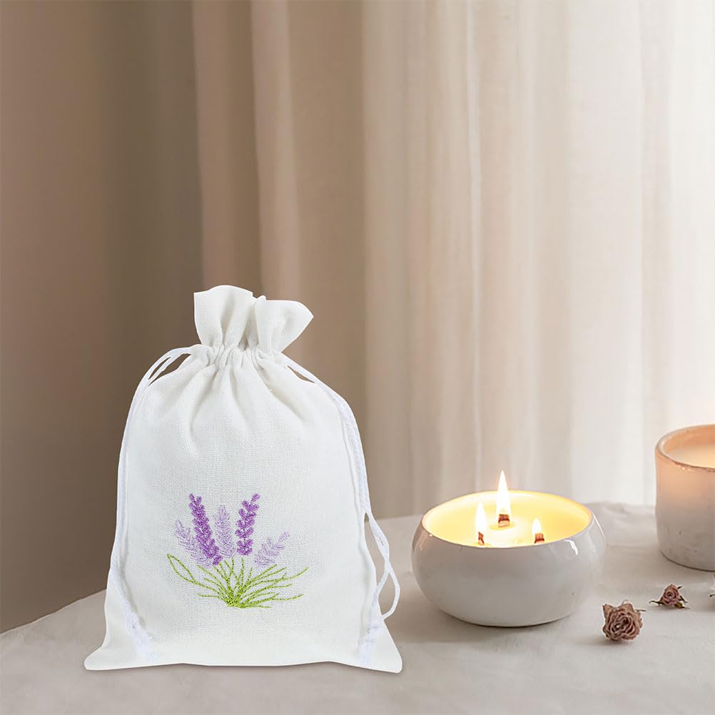 LOGOFUN 5PCS Lavender Sachet Bags Cotton Dried Flower Drawstring Bags Fabric Empty Pouch with Lavender Pattern for Wedding Party Favors - White 13 * 18CM