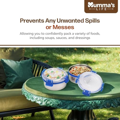 Image of Mumma's LIFE Stainless Steel Lunch Box with 3 Leakproof Air-Tight Stainless Steel Round Containers and Cover Bag | Stainless Steel & Spill Proof Lunch Box (Foodie 350ml X 2)