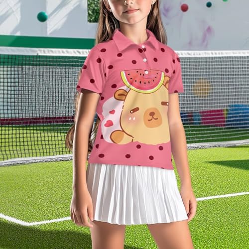 Girls Short Sleeve Golf Shirts V Neck Tennis Shirt Quick Dry Athletic Tops for Sports Casual Wear for Age 5-153