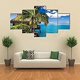5 Piezas Cuadro En Lienzo Bungalows Tropicales Y Palmeras Modernos Lienzo Decorativo Para Pared, Cuadros Decoracion Para Pasillo Salon Dormitorios 100 X 50 Cm/Oficina/Hotel/Restaurante -1Q8O-U7Y9-