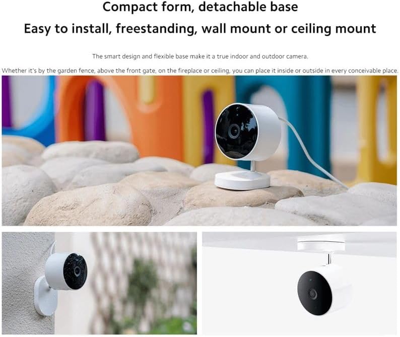 Xiaomi Outdoor Camera AW200 showing compact form and detachable base with various mounting options