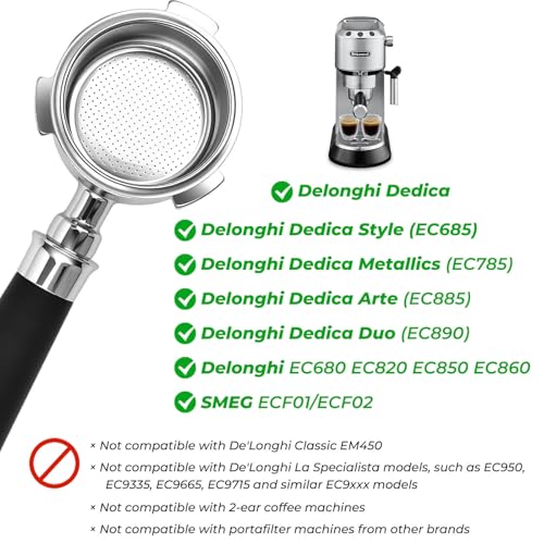 Image of 51mm Bottomless Portafilter 3 Ears Fits for Delonghi Dedica EC685, EC785, EC885, EC820, EC850, EC860, EC890, EC680, Includes Puck Screen, Double Shot Filter Basket