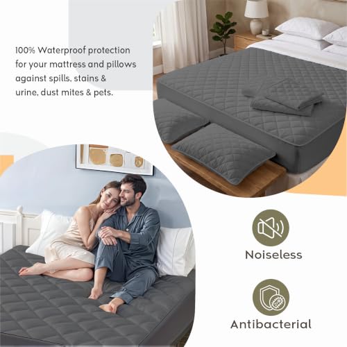 Image of AYKA Combo Pack Waterproof Mattress Protector & 2 Pillow Protectors | King Size 78x60 Inch | 100% Waterproof Quilted Bed Protector | Breathable, Noiseless Mattress & Pillow Covers | Grey