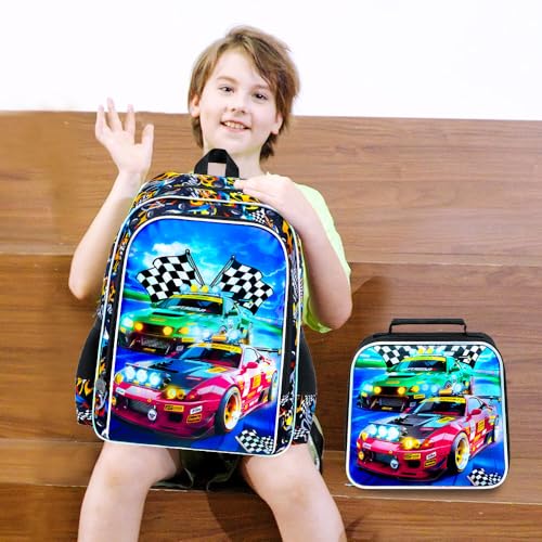 Image of AGSDON 3PCS Car Backpack for Boys, 16 inch Little Kids Preschool Bookbag, Elementary Backpacks and Lunch Box - Red