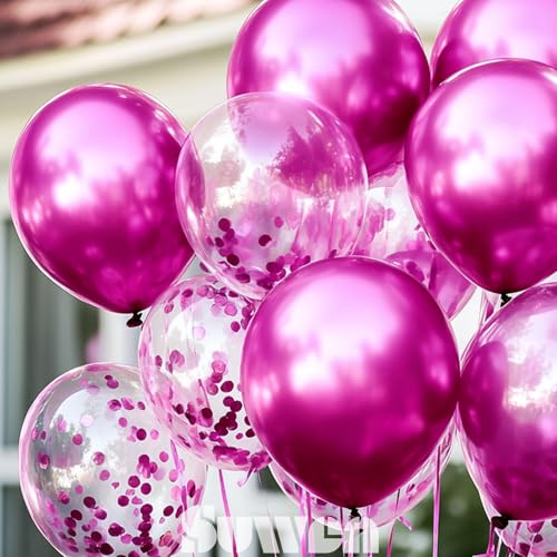 Image of SUWEN Metallic Hot Pink and Confetti Balloons Set 47PCS Magenta Latex | Helium Chrome Balloon for Birthday Valentine Anniversary Party Decorations